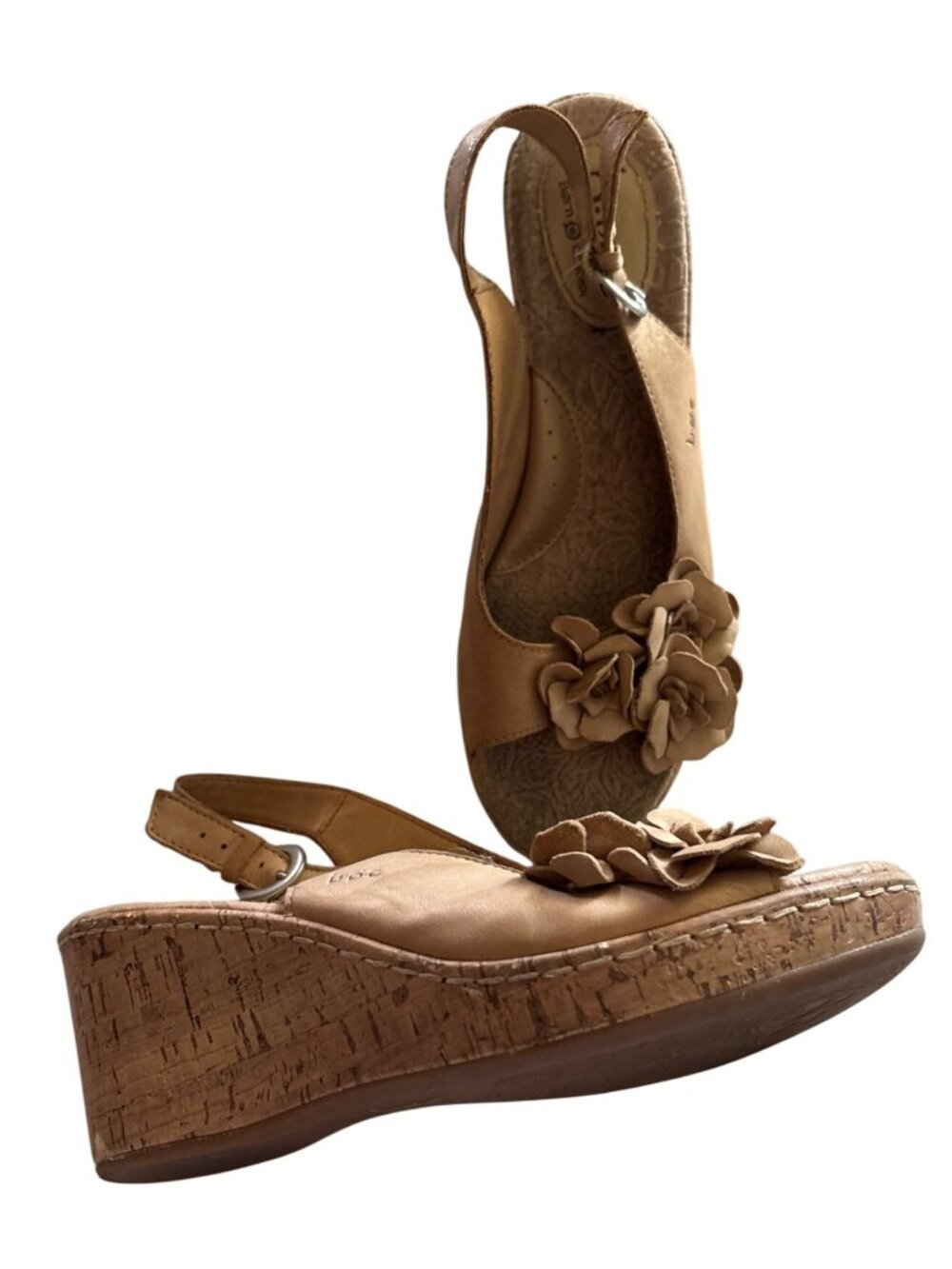 Wedge Sandals Size 8M With Cork Sole b.o.c Tan Leather Floral